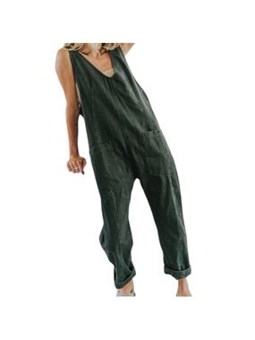 We The Free People High Roller Denim Jumpsuit Olive Green Sz 5 Overalls